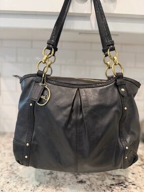 Coach Black Leather Shoulder Bag with Gold Rings